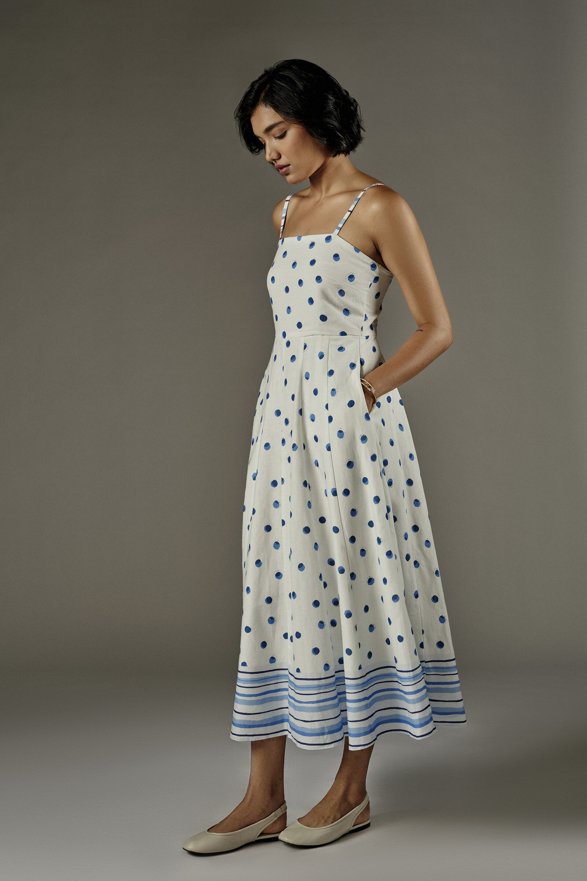 Polka Dot A-line Midi Dress in White, White, image 5